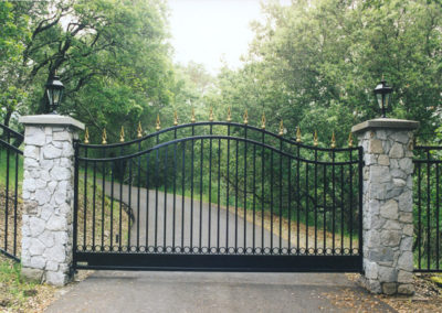 Bell Curve Top Driveway Gate w/ Gold Spear Tip Finials & Recessed Bottom Panel Bordered in Circles