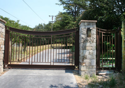 Concave Top Driveway Gate & Pedestrian Gate w/ Recessed Side Panels & Circle Accents