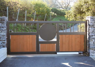 Flat Top Driveway Gate w/ Geometric Designs & Wood Inserts
