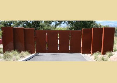 Flat Top Corten Steel Driveway Gate w/ Large Panels & Coordinating Entryway