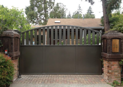 Arch Top Driveway Gate w/ Open Slat Top & Solid Metal Panel Bottom