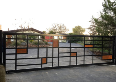 Flat Top Driveway Gate w/ Abstract Geometric Design w/ Patina Panels