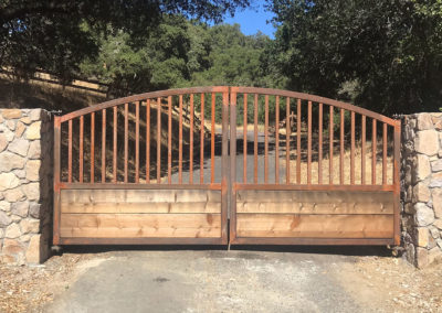 Arch Top Bi-Parting Driveway Gate w/ Wood Filled Bottom Panels - Unfinished, Rustic Look