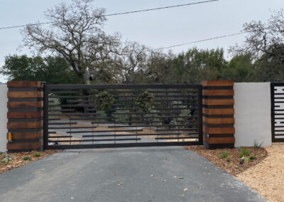 Flat Top Driveway Gate w/ Offset Horizontal Slats & Wood & Metal Column Accents. Coordinating Pedestrian Gate PG-049