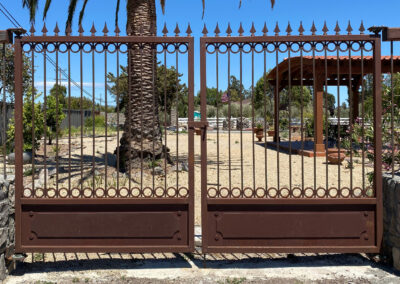 Flat Top Bi-Parting Driveway Gate - Unfinished Steel w/ Spear Tips, Top & Bottom Rings & Recessed Bottom Panel w/ Decorative Inset