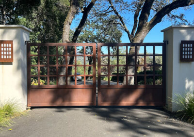 Flat Top Bi-Parting Driveway Gate - Natural Patina Bare Metal w/ Open Square Top & Recessed Panel Bottom