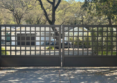 Flat Top Bi-Parting Driveway Gate - Grey Metal w/ Open Square Panel Top & Recessed Solid Panel Bottom