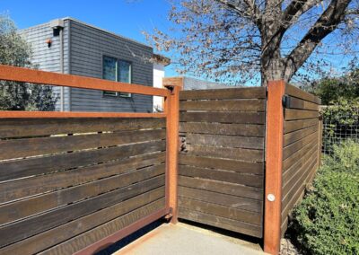Flat Top Driveway & Pedestrian Gates w/ Unfinished Metal Frame & Horizontal Wood Slats. Unique Open Top